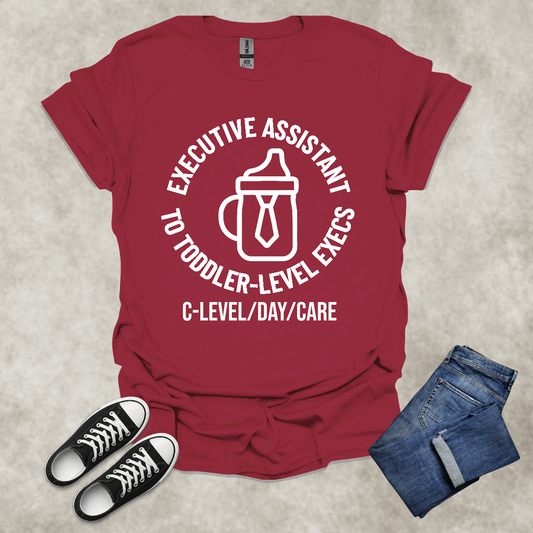 EXE ASSISTANT TO TODDLER-LEVEL EXECS: C-LEVEL/DAY/CARE — Corporate Satire Tee: Unisex Softstyle T-Shirt