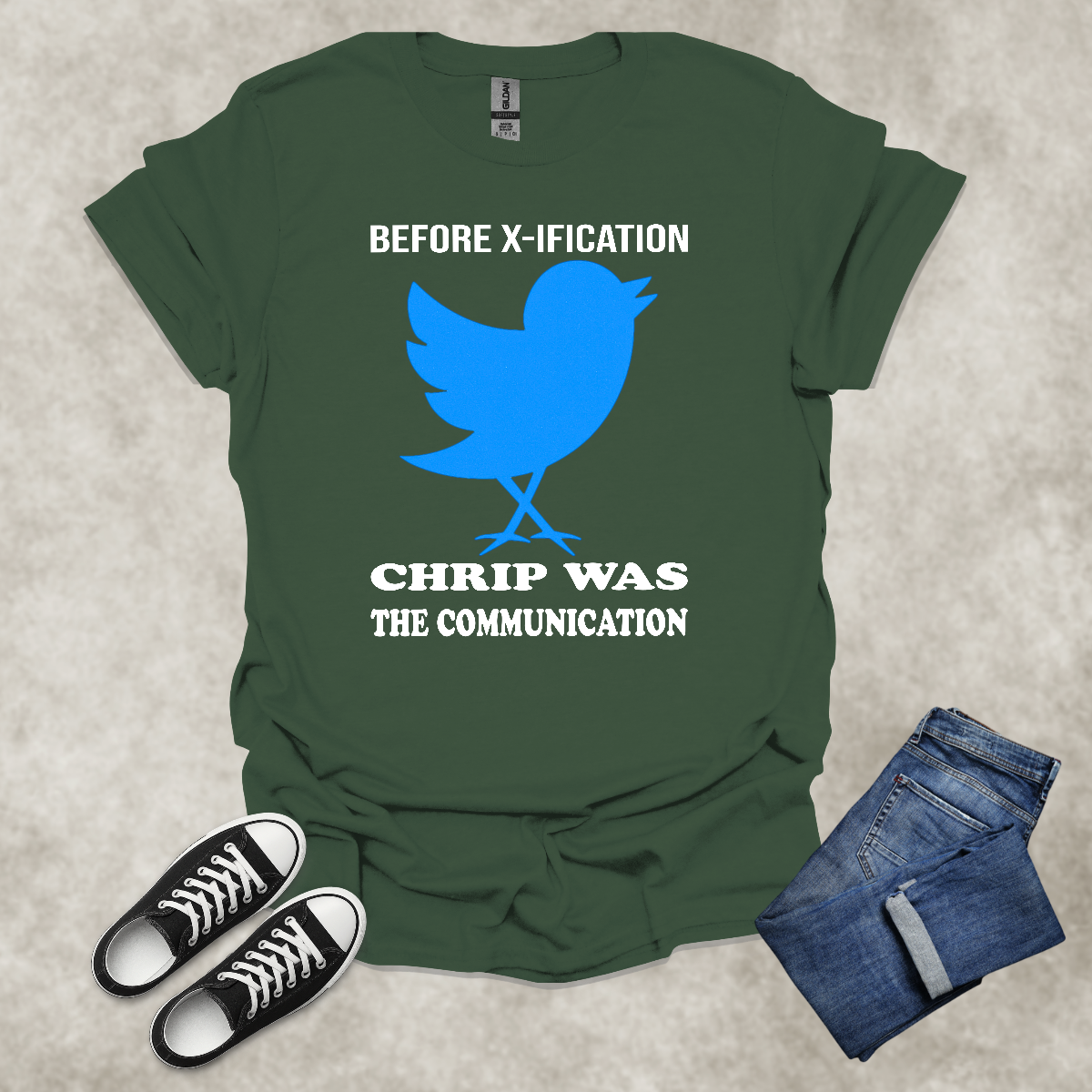 BEFORE X-IFICATION, CHIRP WAS THE COMMUNICATION — Social Media Satire Tee: Unisex Softstyle T-Shirt