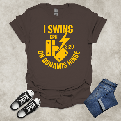 I SWING ON DUNAMIS HINGE — Scripture-Inspired Graphic Tee: Unisex Softstyle T-Shirt