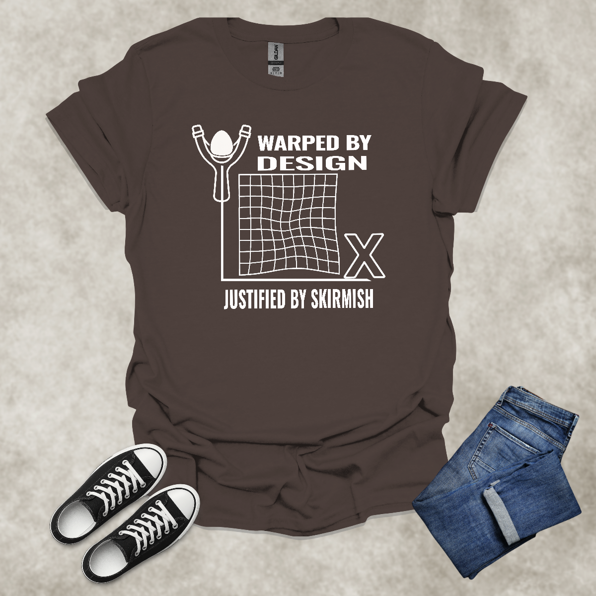 WARPED BY DESIGN: JUSTIFIED BY SKIRMISH — Corporate Satire Tee: Unisex Softstyle T-Shirt