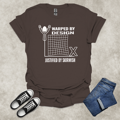 WARPED BY DESIGN: JUSTIFIED BY SKIRMISH — Corporate Satire Tee: Unisex Softstyle T-Shirt
