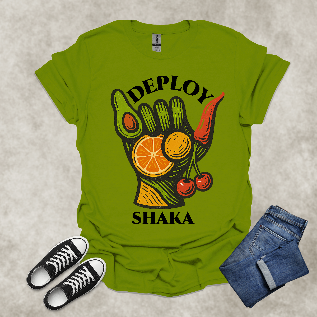 DEPLOY SHAKA — Surreal Produce Graphic Tee: Unisex Softstyle T-Shirt