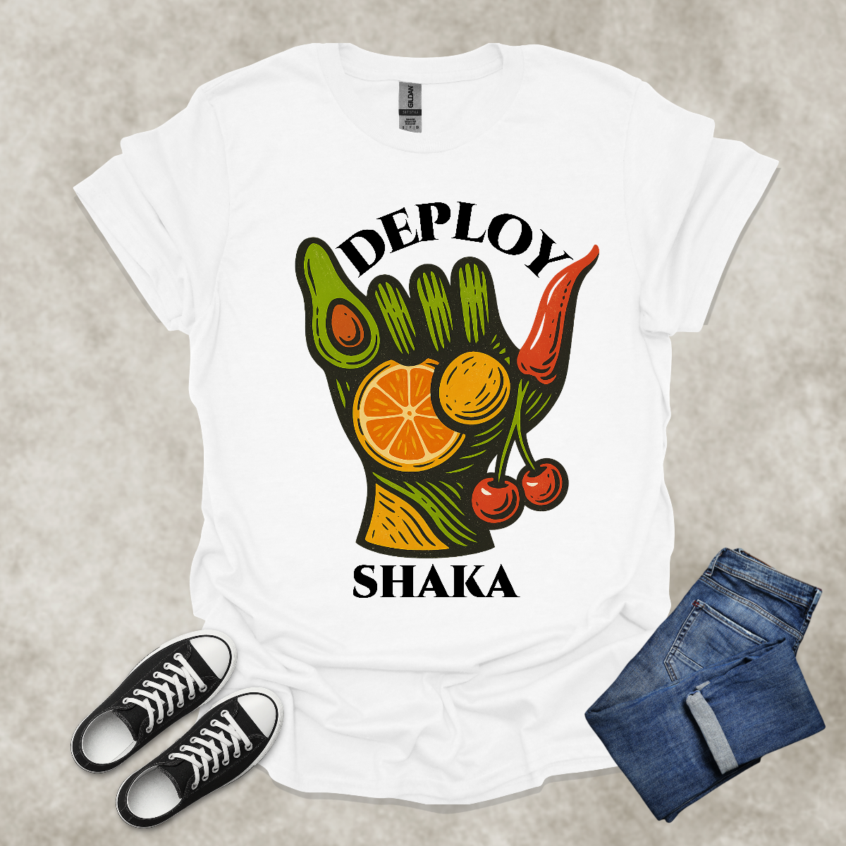 DEPLOY SHAKA — Surreal Produce Graphic Tee: Unisex Softstyle T-Shirt