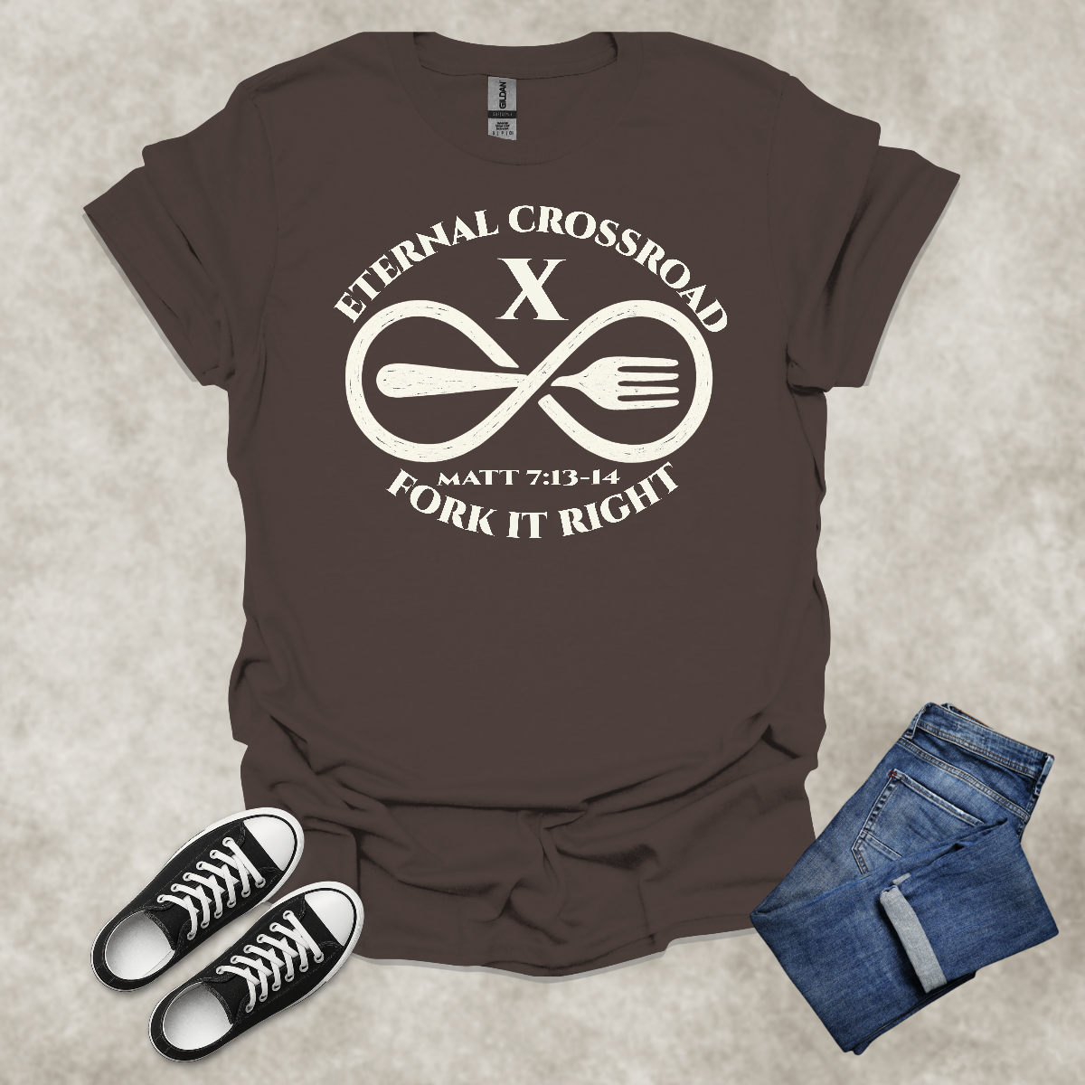 ETERNAL CROSSROAD: FORK IT RIGHT — Scripture-Inspired Satire Tee: Unisex Softstyle T-Shirt