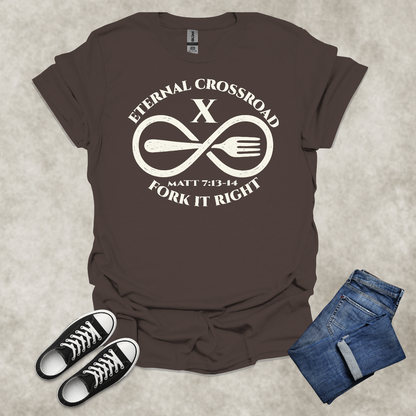 ETERNAL CROSSROAD: FORK IT RIGHT — Scripture-Inspired Satire Tee: Unisex Softstyle T-Shirt