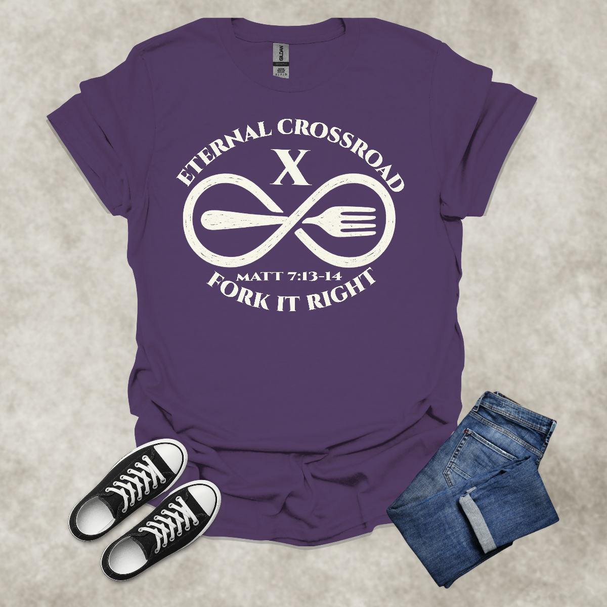 ETERNAL CROSSROAD: FORK IT RIGHT — Scripture-Inspired Satire Tee: Unisex Softstyle T-Shirt