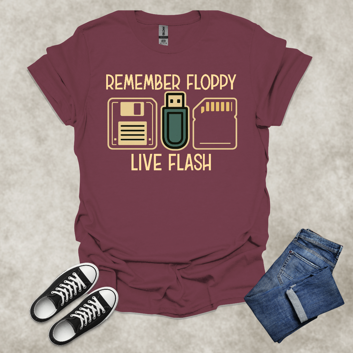 REMEMBER FLOPPY: LIVE FLASH — Retro Tech Humor Tee: Unisex Softstyle T-Shirt