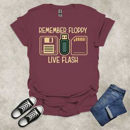 REMEMBER FLOPPY: LIVE FLASH — Retro Tech Humor Tee: Unisex Softstyle T-Shirt