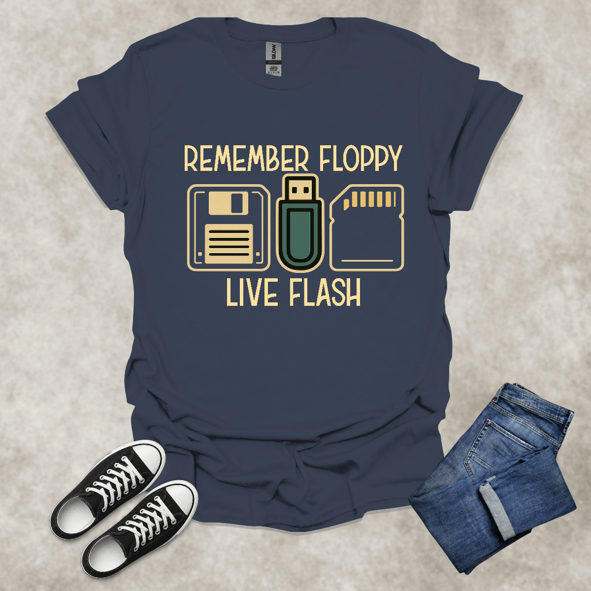 REMEMBER FLOPPY: LIVE FLASH — Retro Tech Humor Tee: Unisex Softstyle T-Shirt