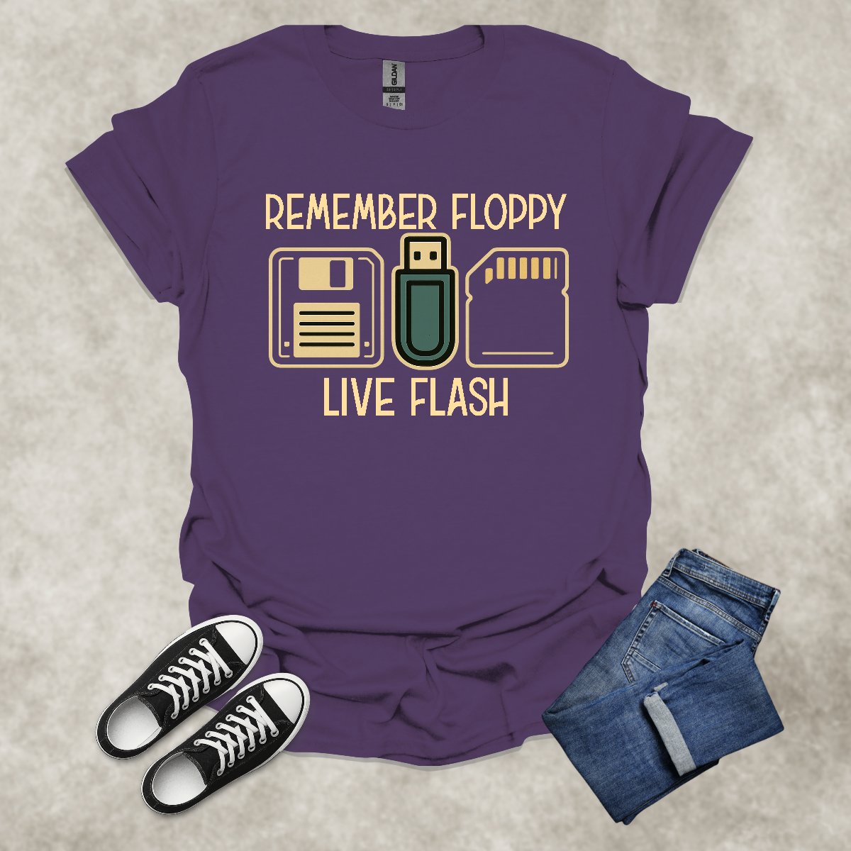 REMEMBER FLOPPY: LIVE FLASH — Retro Tech Humor Tee: Unisex Softstyle T-Shirt