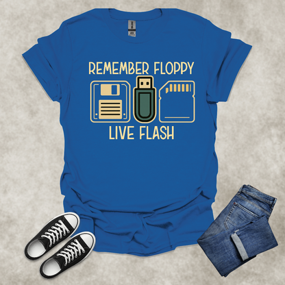REMEMBER FLOPPY: LIVE FLASH — Retro Tech Humor Tee: Unisex Softstyle T-Shirt