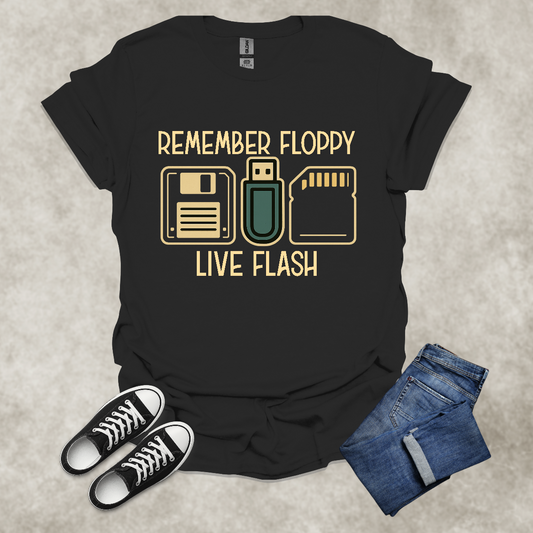 REMEMBER FLOPPY: LIVE FLASH — Retro Tech Humor Tee: Unisex Softstyle T-Shirt