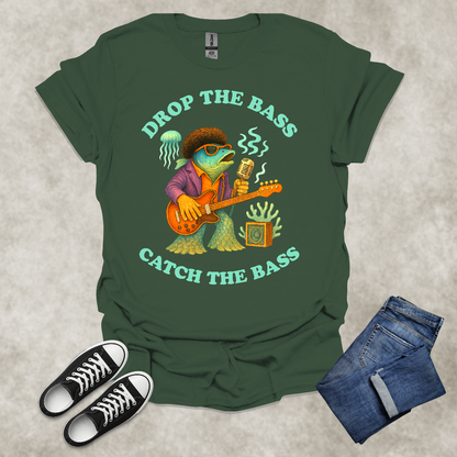DROP THE BASS: CATCH THE BASS — Music & Fishing Satire Tee: Unisex Softstyle T-Shirt