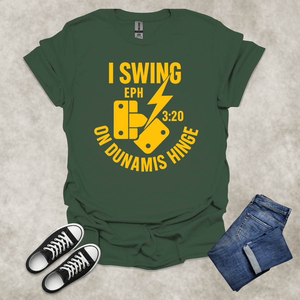 I SWING ON DUNAMIS HINGE — Scripture-Inspired Graphic Tee: Unisex Softstyle T-Shirt