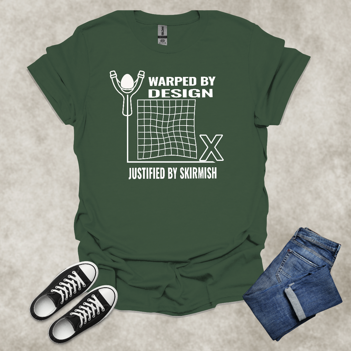 WARPED BY DESIGN: JUSTIFIED BY SKIRMISH — Corporate Satire Tee: Unisex Softstyle T-Shirt