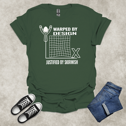 WARPED BY DESIGN: JUSTIFIED BY SKIRMISH — Corporate Satire Tee: Unisex Softstyle T-Shirt