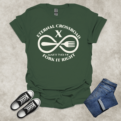 ETERNAL CROSSROAD: FORK IT RIGHT — Scripture-Inspired Satire Tee: Unisex Softstyle T-Shirt