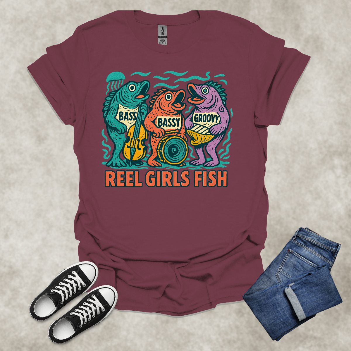 REEL GIRLS FISH — Fishing & Music Humor Tee: Unisex Softstyle T-Shirt