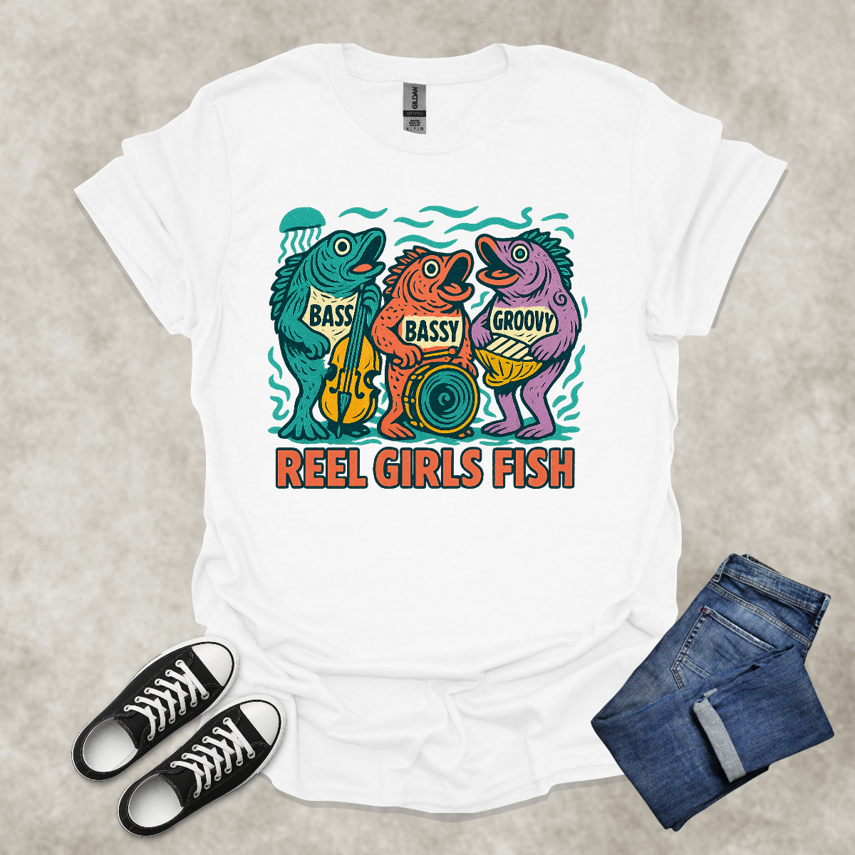 REEL GIRLS FISH — Fishing & Music Humor Tee: Unisex Softstyle T-Shirt