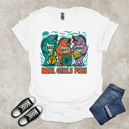 REEL GIRLS FISH — Fishing & Music Humor Tee: Unisex Softstyle T-Shirt