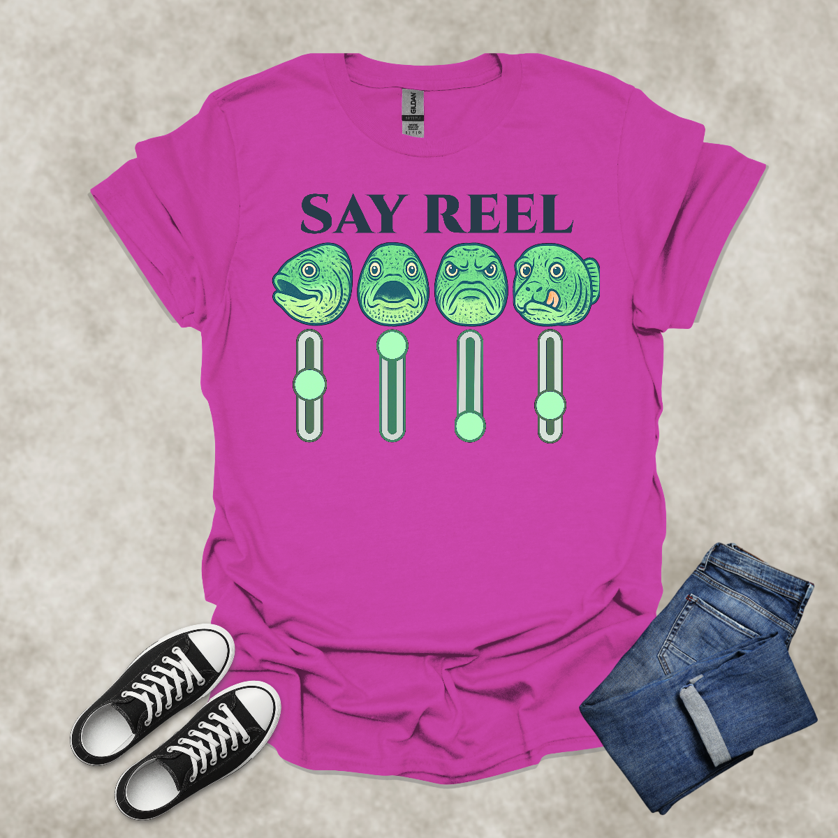 SAY REEL — Fishing & Music Satire Tee: Unisex Softstyle T-Shirt