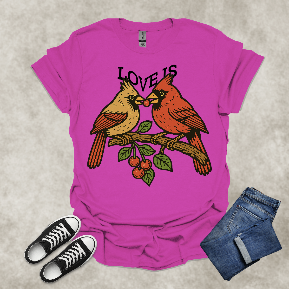 LOVE IS — Cardinal Couple Art Tee: Unisex Softstyle T-Shirt
