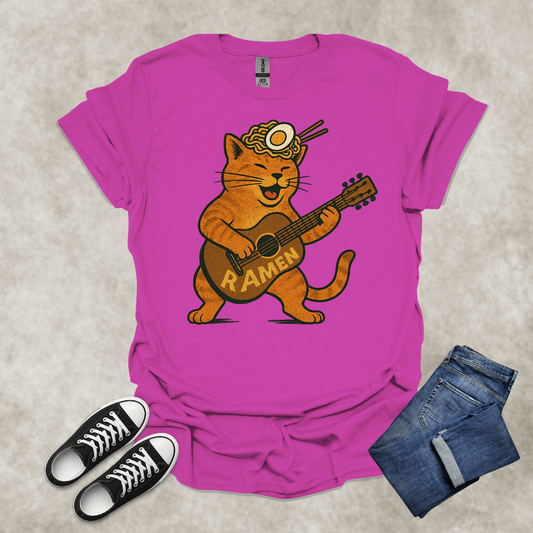 RAMEN GUITARIST CAT — Food & Music Satire Tee: Unisex Softstyle T-Shirt