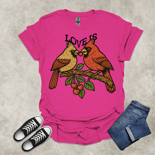 LOVE IS — Cardinal Couple Art Tee: Unisex Softstyle T-Shirt
