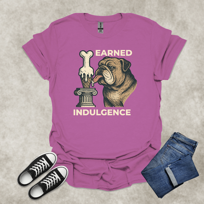 EARNED INDULGENCE — Bulldog Humor Graphic Tee: Unisex Softstyle T-Shirt