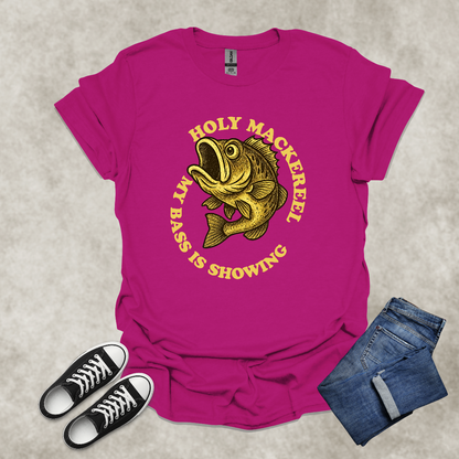 HOLY MACKEREEL: MY BASS IS SHOWING — Fishing Humor Graphic Tee: Unisex Softstyle T-Shirt