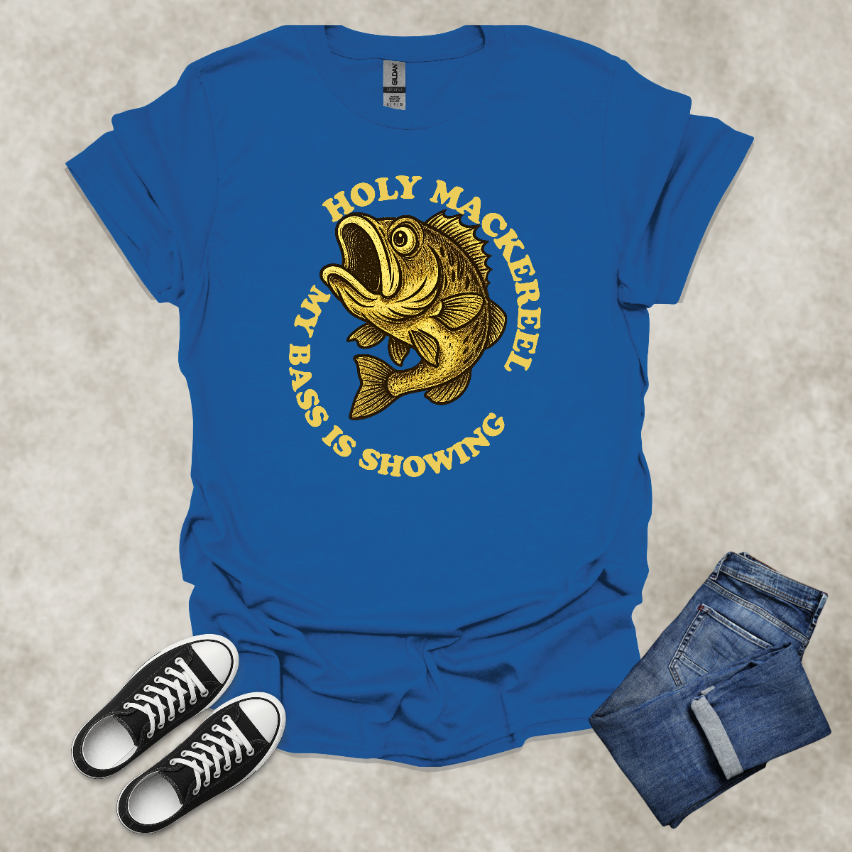 HOLY MACKEREEL: MY BASS IS SHOWING — Fishing Humor Graphic Tee: Unisex Softstyle T-Shirt