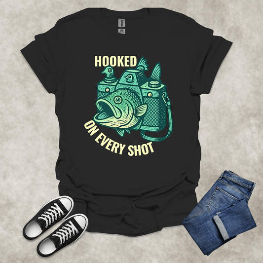 HOOKED ON EVERY SHOT — Fishing Photography Humor Tee: Unisex Softstyle T-Shirt