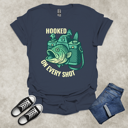 HOOKED ON EVERY SHOT — Fishing Photography Humor Tee: Unisex Softstyle T-Shirt