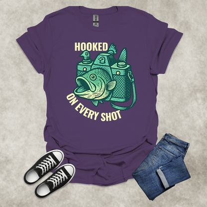 HOOKED ON EVERY SHOT — Fishing Photography Humor Tee: Unisex Softstyle T-Shirt