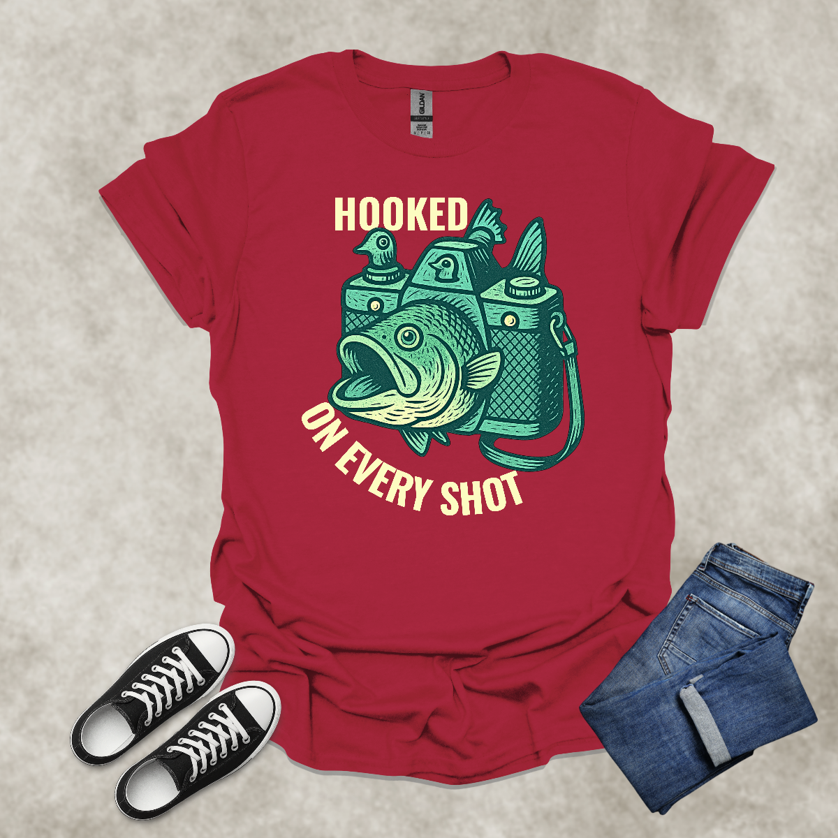 HOOKED ON EVERY SHOT — Fishing Photography Humor Tee: Unisex Softstyle T-Shirt