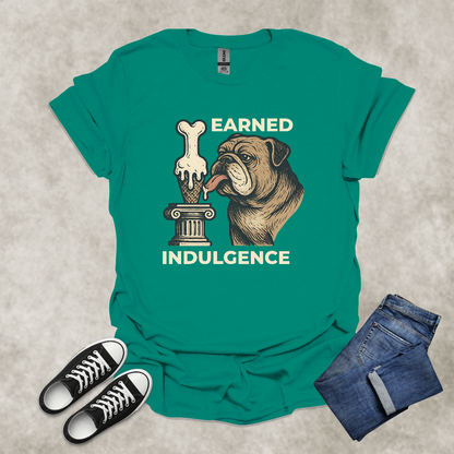 EARNED INDULGENCE — Bulldog Humor Graphic Tee: Unisex Softstyle T-Shirt