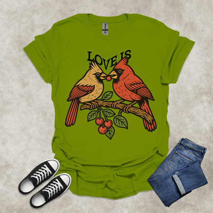 LOVE IS — Cardinal Couple Art Tee: Unisex Softstyle T-Shirt