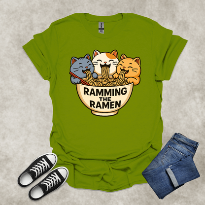 RAMMING THE RAMEN — Food & Cat Humor Tee: Unisex Softstyle T-Shirt