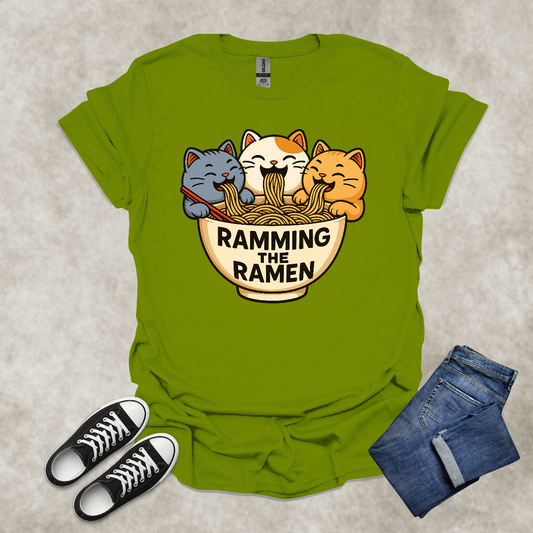 RAMMING THE RAMEN — Food & Cat Humor Tee: Unisex Softstyle T-Shirt