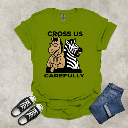 CROSS US CAREFULLY — Zebra & Horse Contrast Tee: Unisex Softstyle T-Shirt