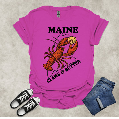 MAINE: CLAWS AND BUTTER — Lobster Humor Graphic Tee: Unisex Softstyle T-Shirt