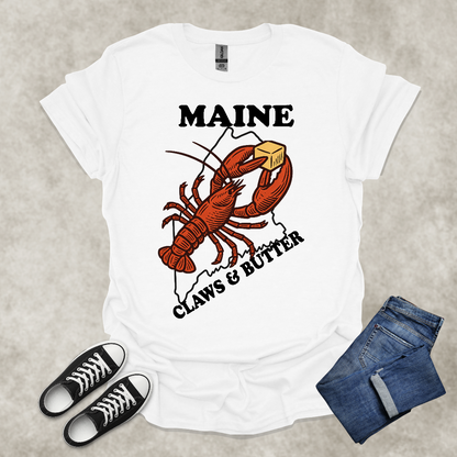 MAINE: CLAWS AND BUTTER — Lobster Humor Graphic Tee: Unisex Softstyle T-Shirt