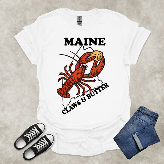 MAINE: CLAWS AND BUTTER — Lobster Humor Graphic Tee: Unisex Softstyle T-Shirt