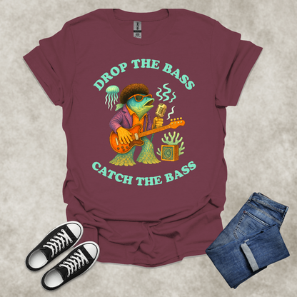 DROP THE BASS: CATCH THE BASS — Music & Fishing Satire Tee: Unisex Softstyle T-Shirt