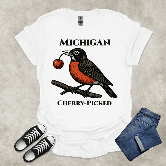 MICHIGAN: CHERRY-PICKED — State Pride Graphic Tee: Unisex Softstyle T-Shirt