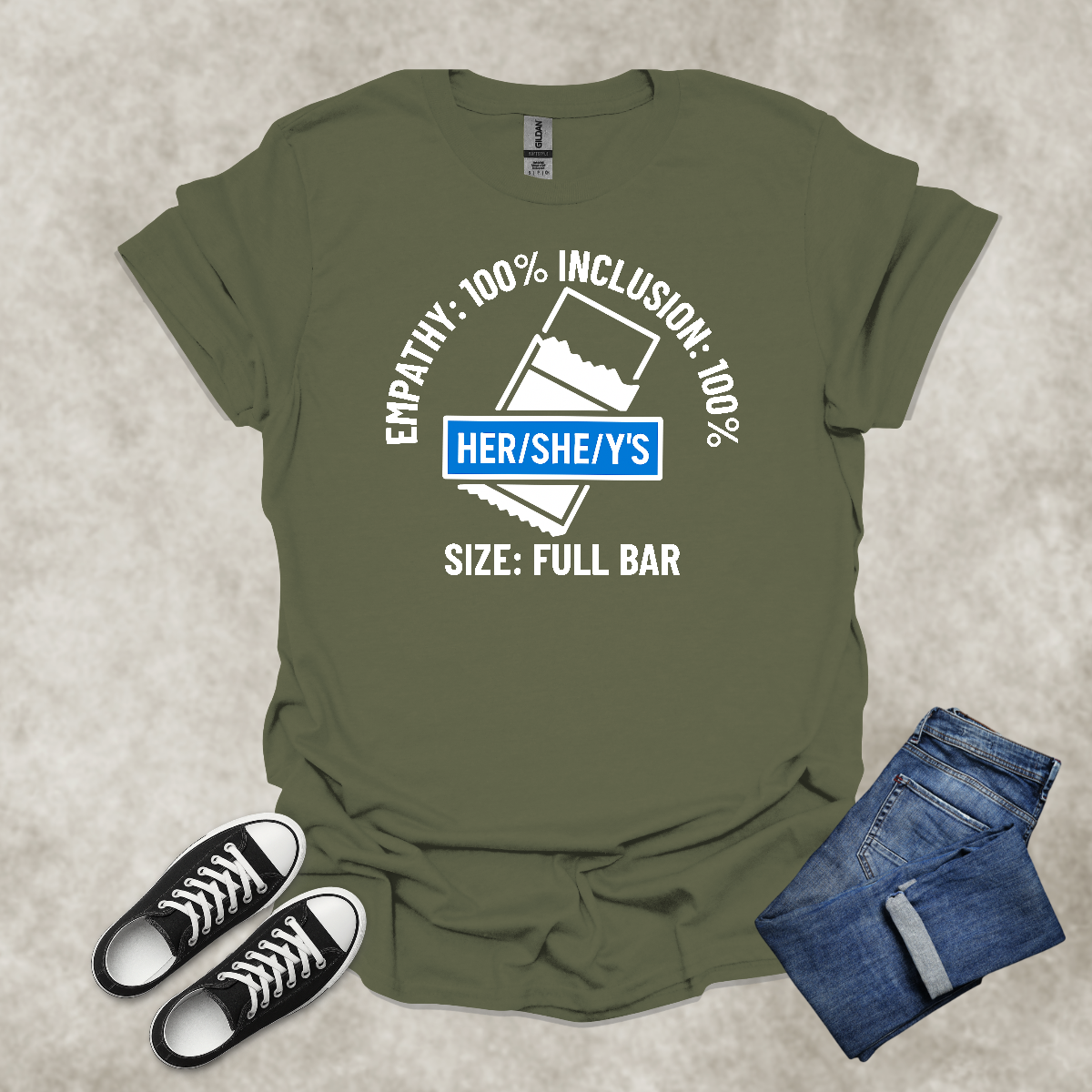 EMPATHY: 100%: INCLUSION: 100%: SIZE: FULL BAR: HER/SHE/Y'S — Corporate Satire Tee: Unisex Softstyle T-Shirt