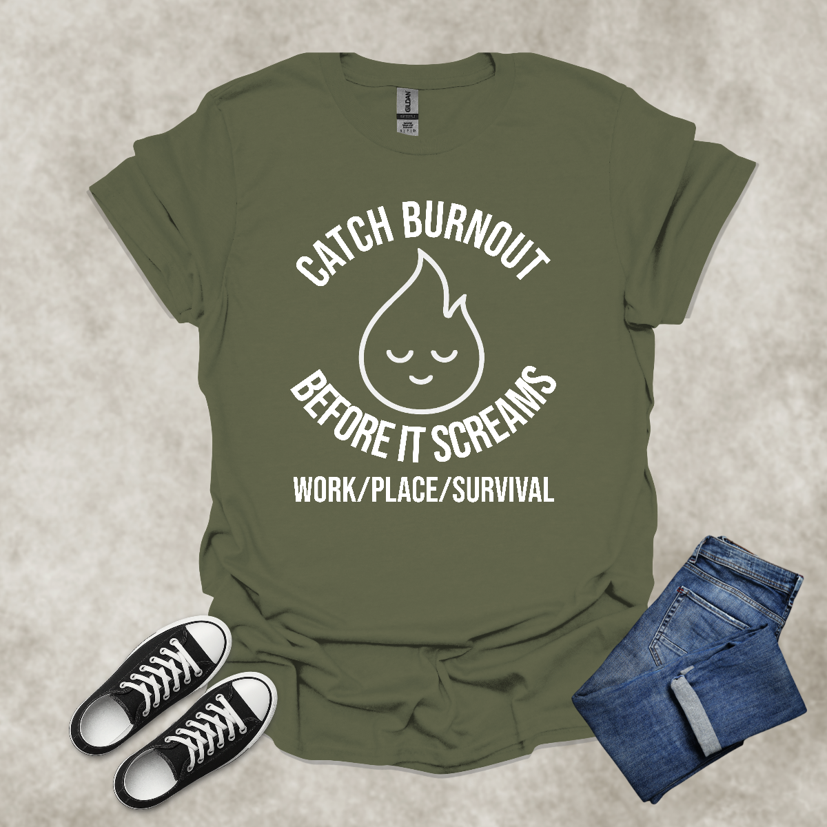 CATCH BURNOUT BEFORE IT SCREAMS: WORK/PLACE/SURVIVAL —  Corporate Satire Tee: Unisex Softstyle T-Shirt