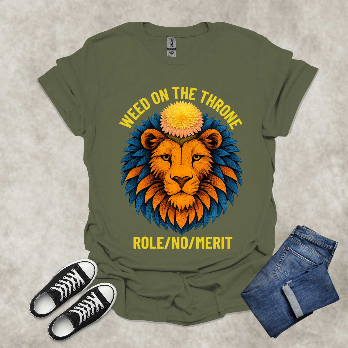DANDELION ON THE THRONE: ROLE/NO/MERIT — Corporate Satire Tee: Unisex Softstyle T-Shirt