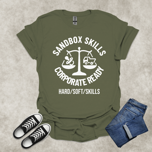SANDYBOX SKILLS: CORPORATE READY: HARD/SOFT/SKILLS — Corporate Satire Tee: Unisex Softstyle T-Shirt