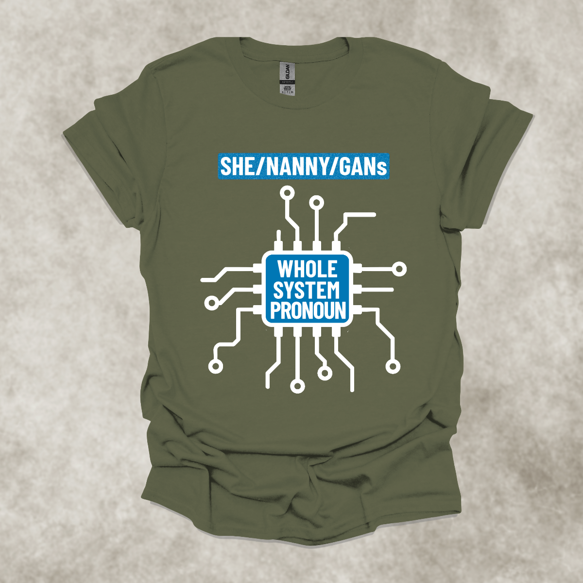 SHE/NANNY/GANs: WHOLE SYSTEM PRONOUN — Corporate Satire Tee: Unisex Softstyle T-Shirt